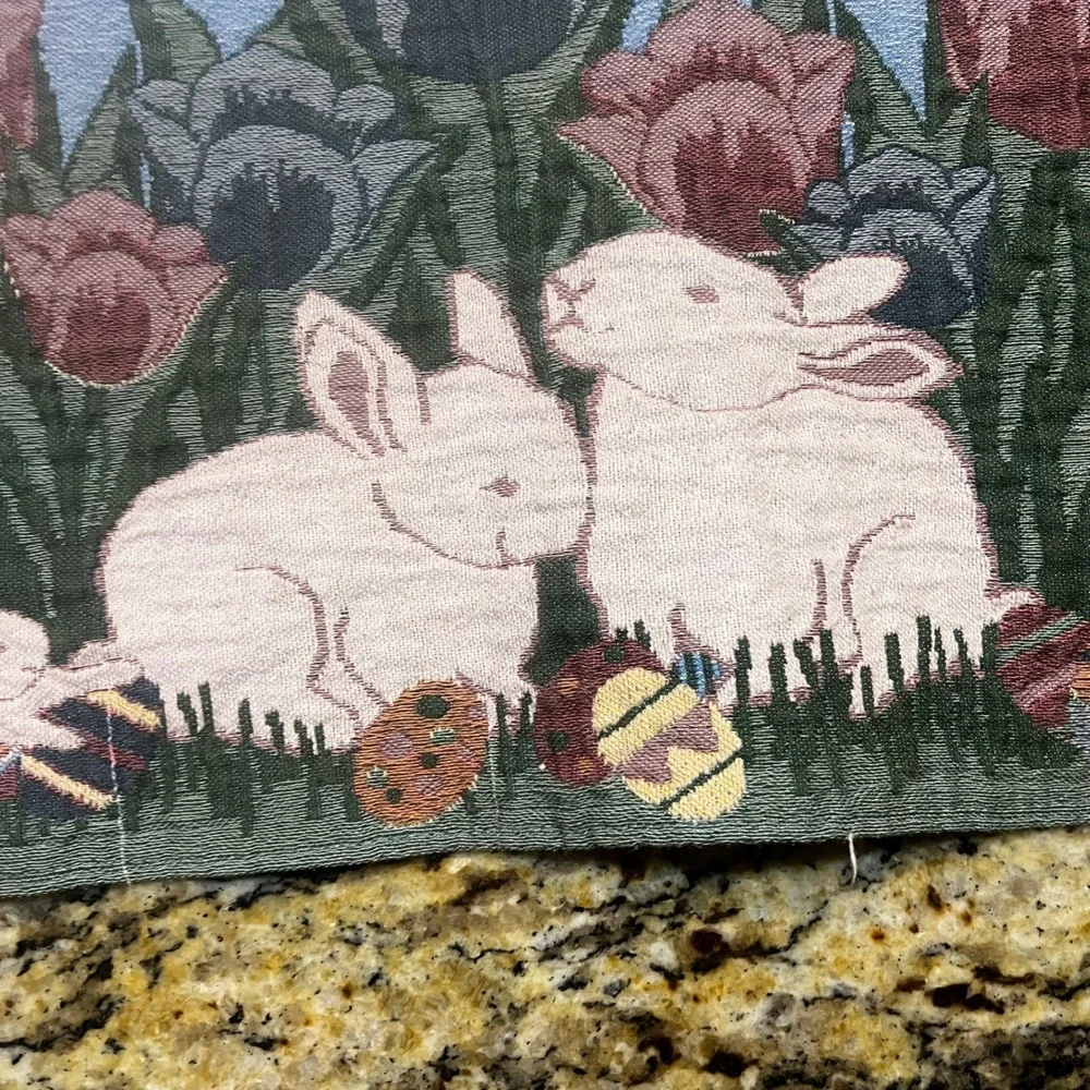 Easter Bunny Woven Tapestry Table Runner Spring Tulips Eggs‎ 72 Inch Cottagecore